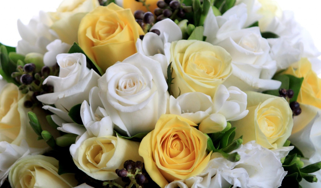 Белые и жёлтые розы в букете на восьмое марта