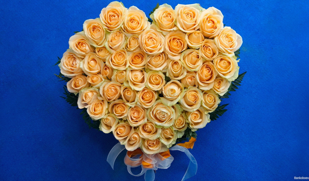 Жёлтые розы в виде сердца на восьмое марта