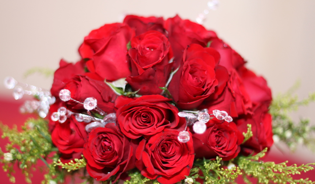 Красные розы на 8 марта с зелеными ветками