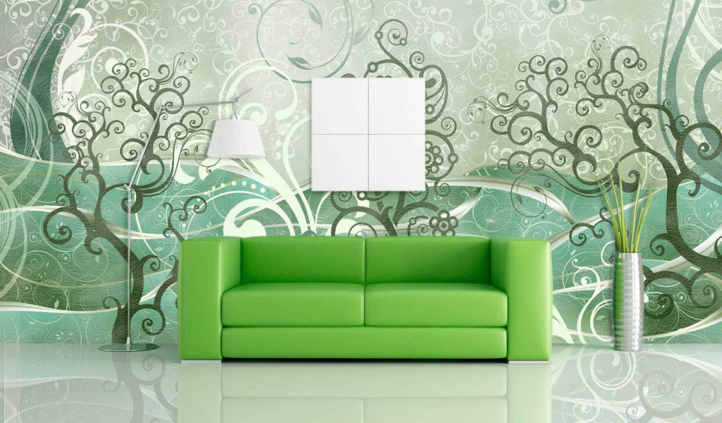 Зеленый диван в интерьере
