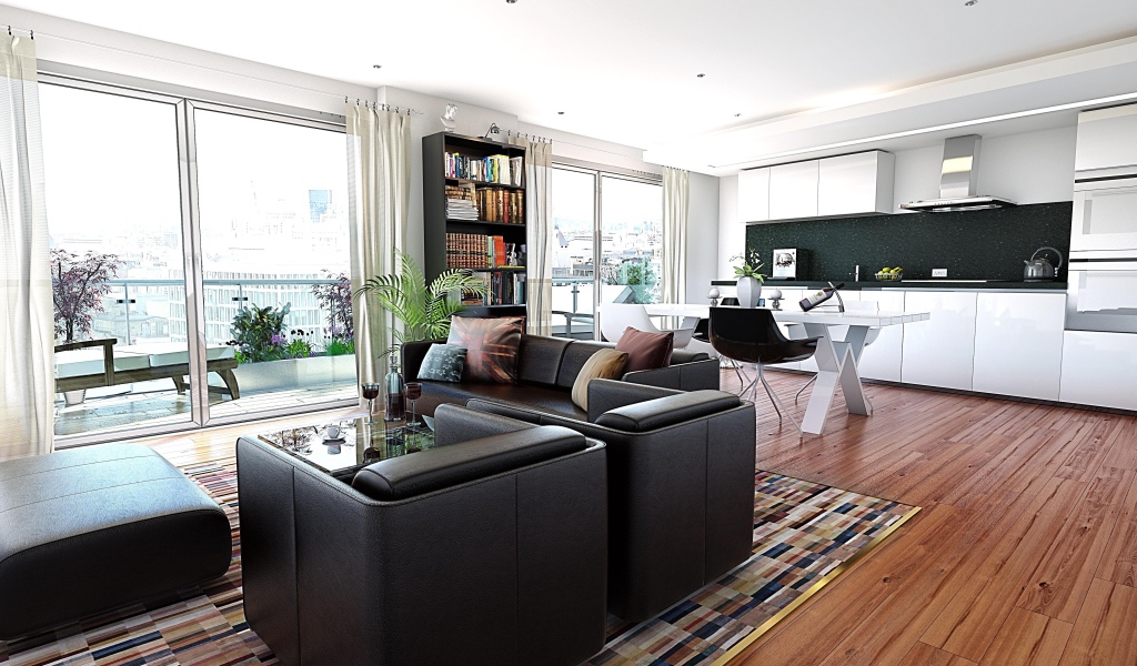 Интерьер комнаты с кухней