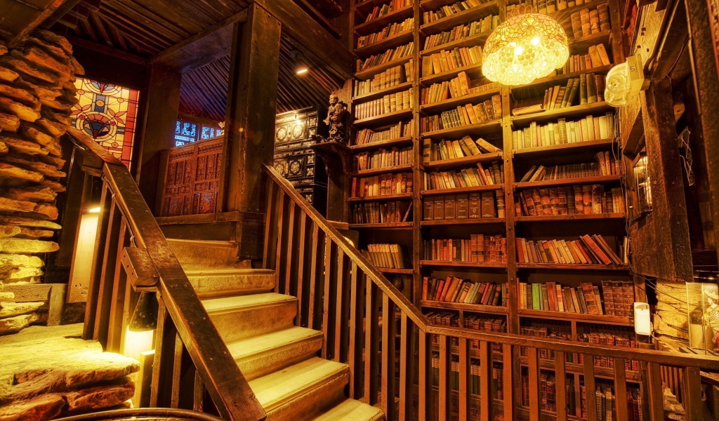 Полки с книгами в библиотеке