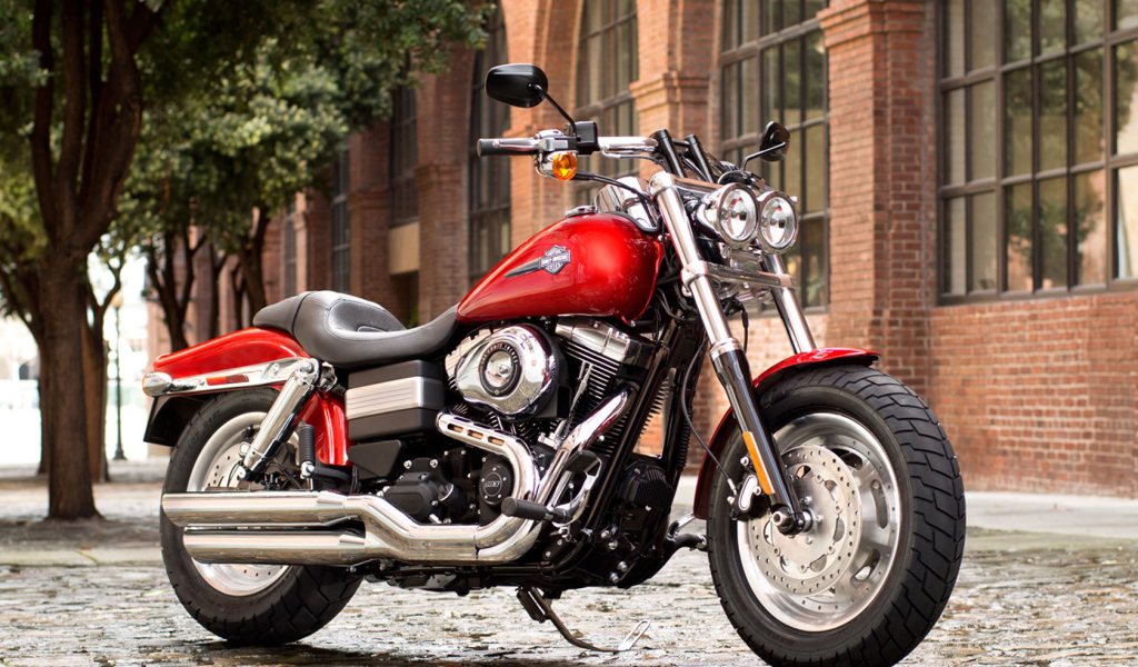 Новый мотоцикл на дороге Harley-Davidson Dyna Fat Bob