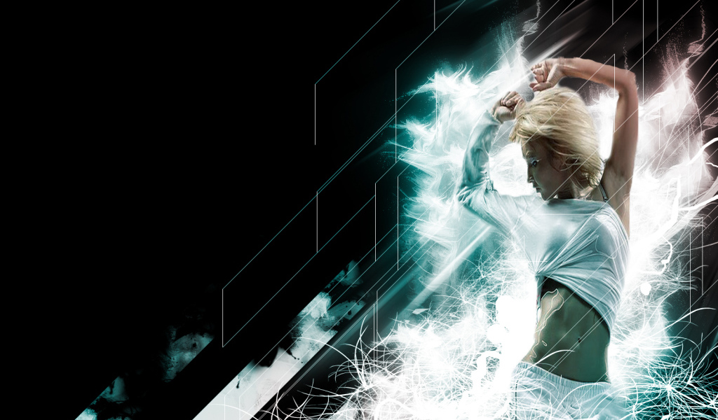 Японка танцует среди волн света