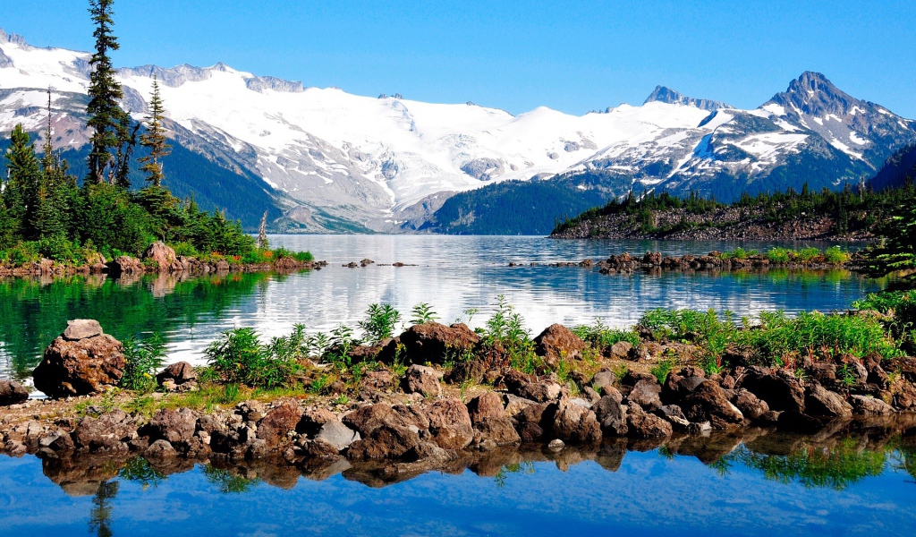 Озеро у заснеженных гор