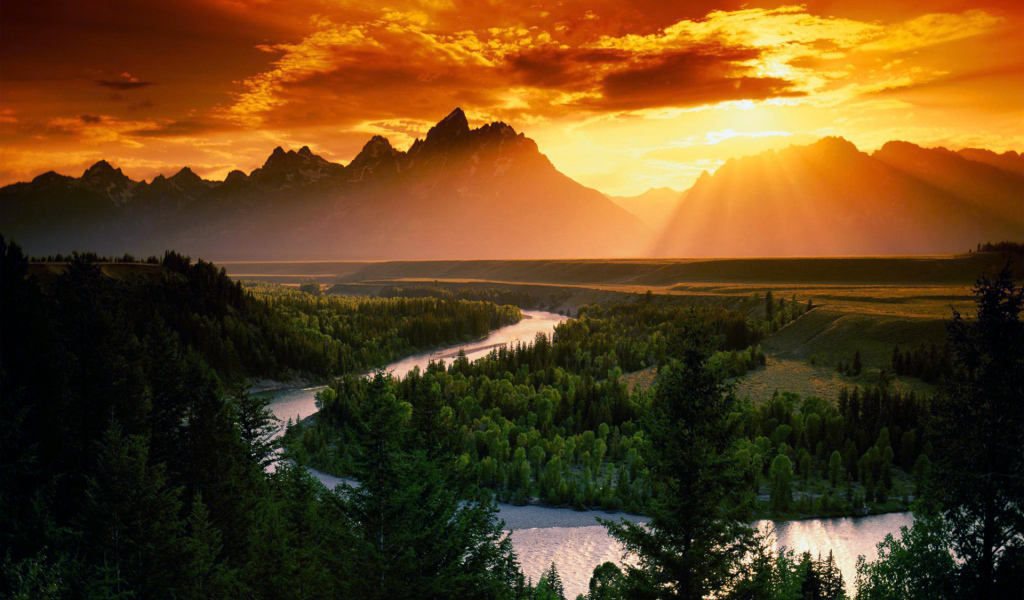 Лес река и горы