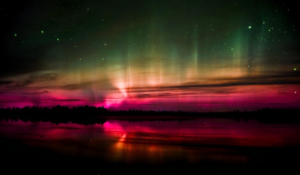 	   Northern lights and red sunset