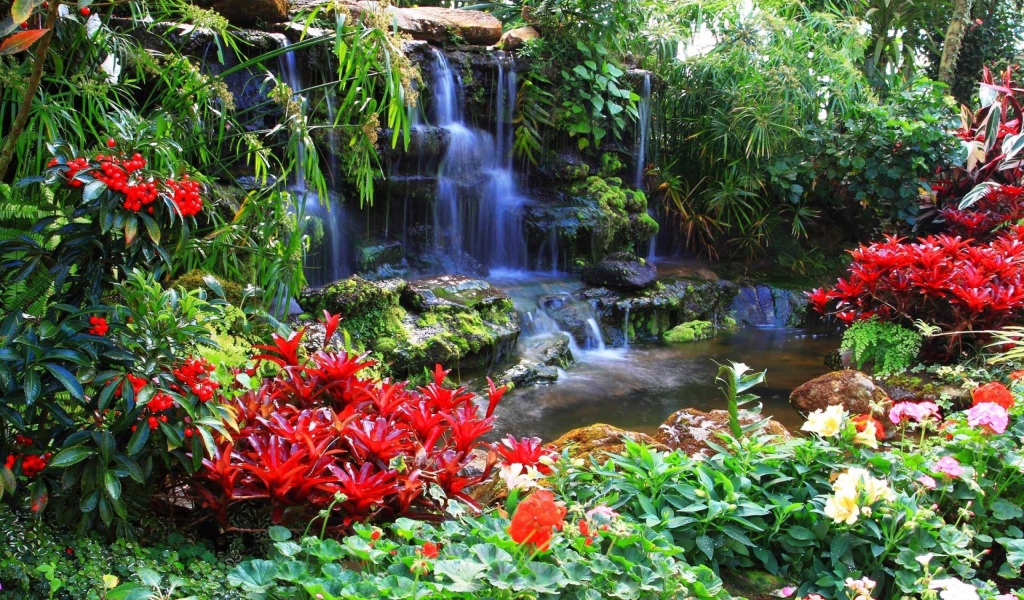 Красные цветы у водопада