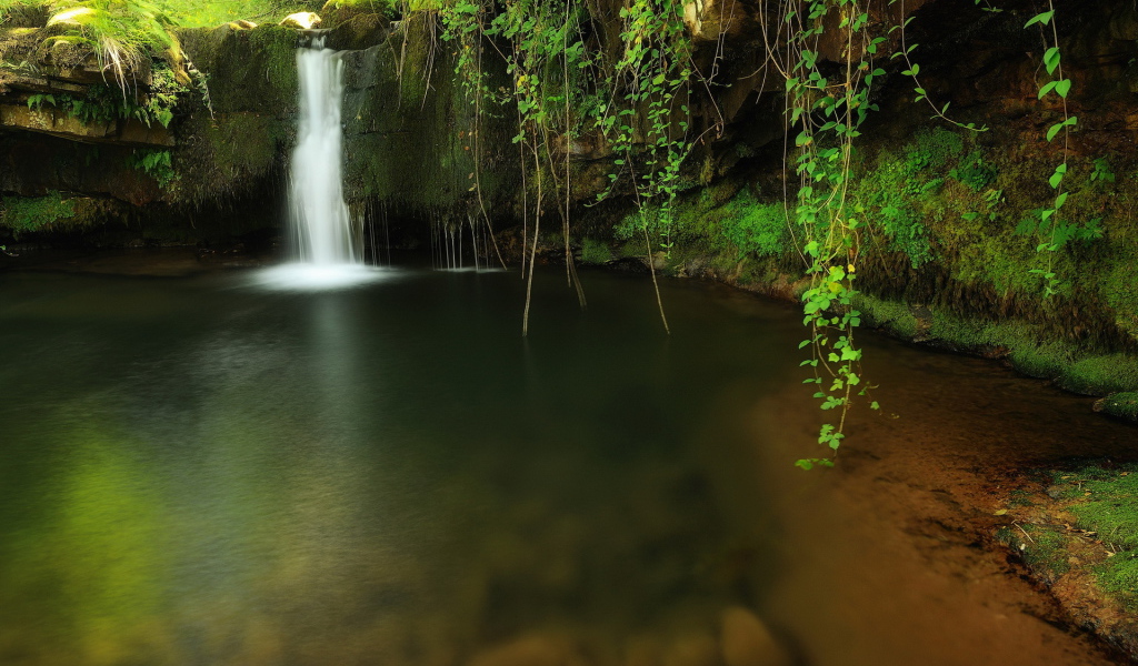 Водопад среди зеленой травы