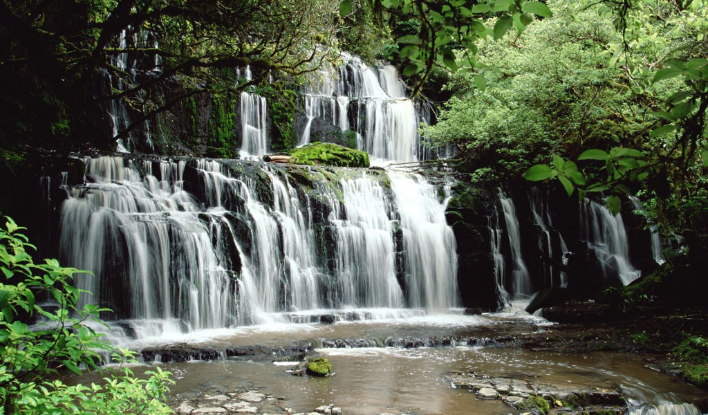 Водопад в густом лесу