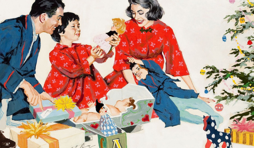 Семья открывает подарки