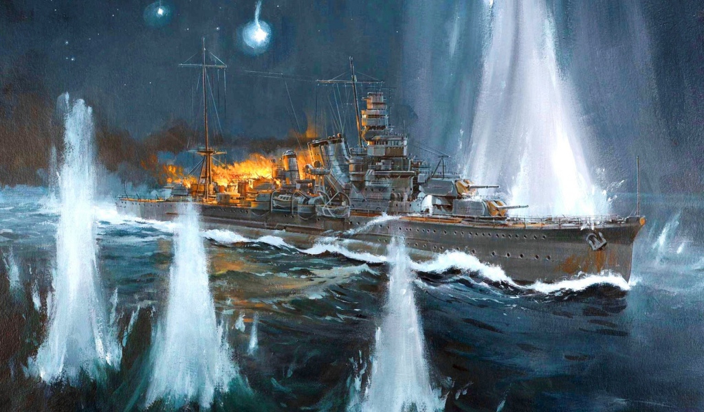 Горящий корабль в фонтанах