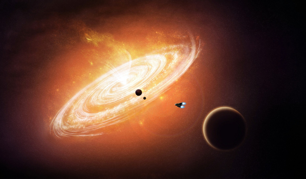 Космический корабль летит к галактике