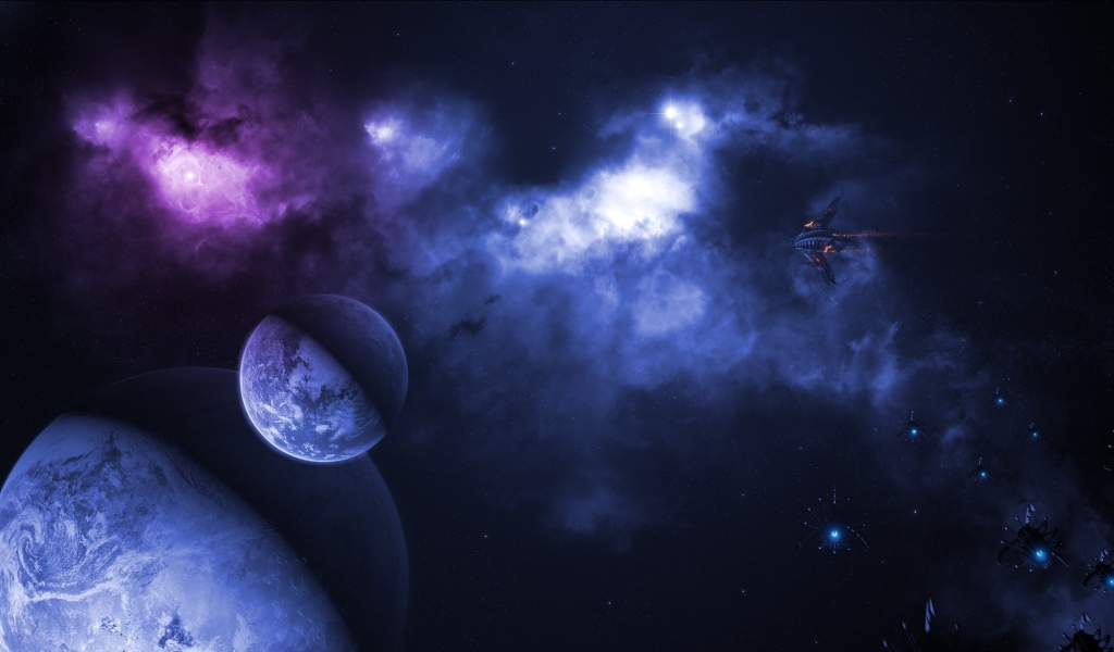 Космические корабли летят у планеты