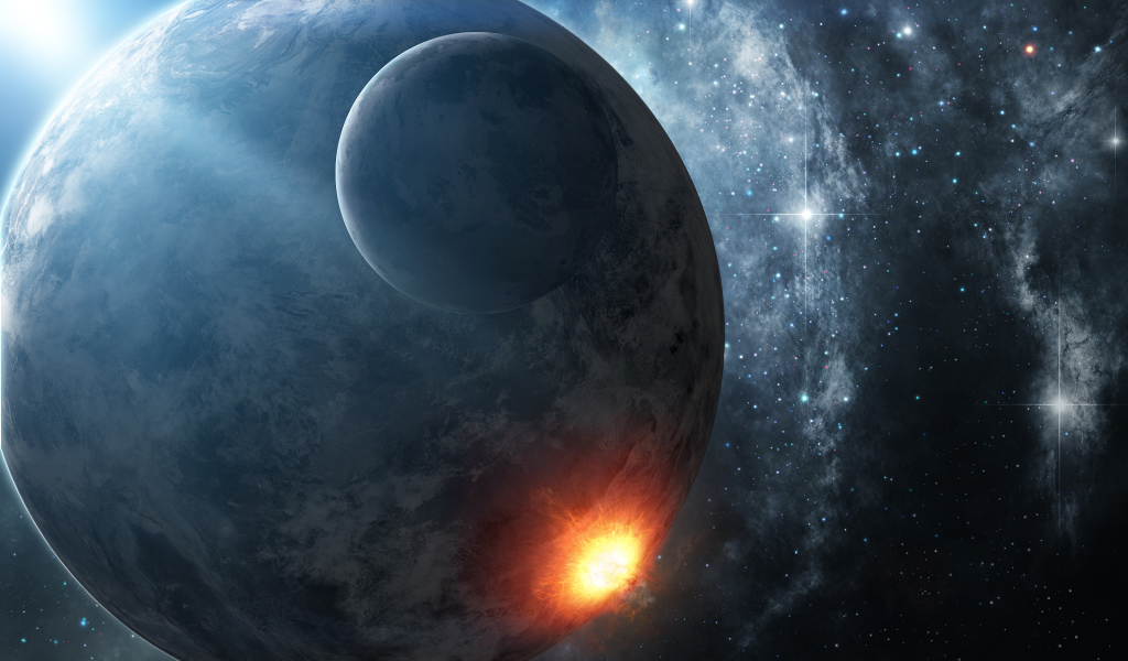 Взрыв на планете со спутником