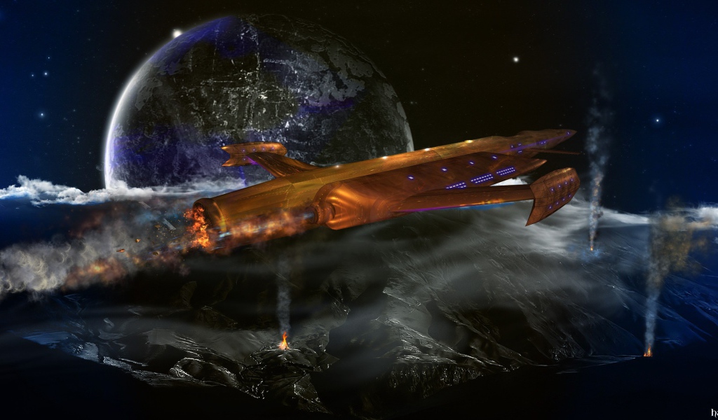 Космический корабль пролетает над планетой