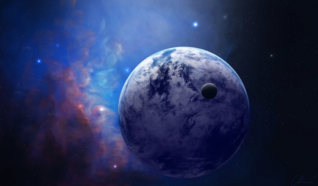 Планета со спутником в космосе