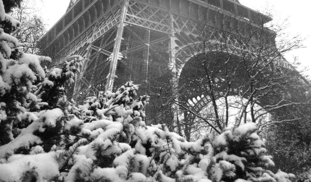 Снег в Париже у подножия Эйфелевой башни