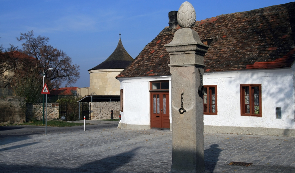 Каменный столб на улице в городе Гайнберг, Австрия