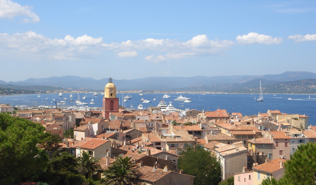 Город на фоне залива на курорте Сен-Тропе, Франция