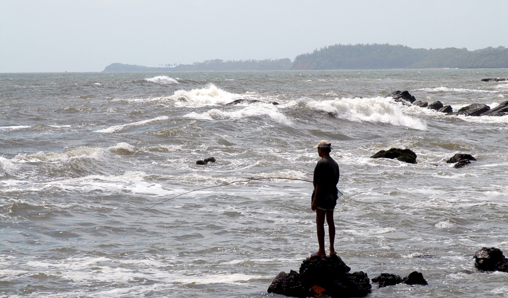 Мужчина ловит рыбу в Гоа