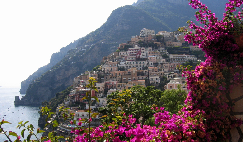 Цветы на фоне курорта Позитано, Италия