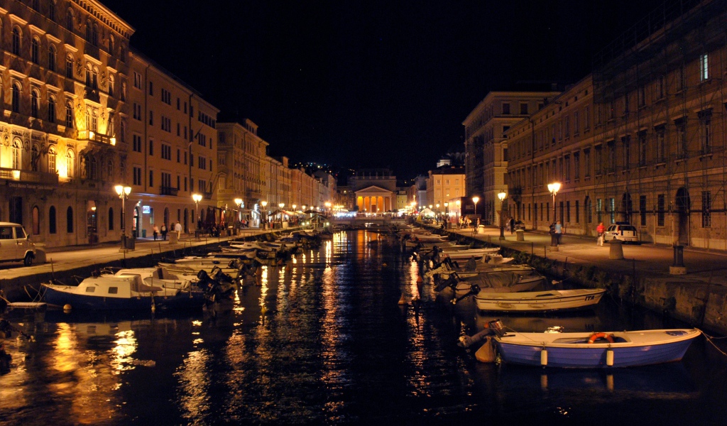 Night lights of the channel at a resort in Trieste, Italy