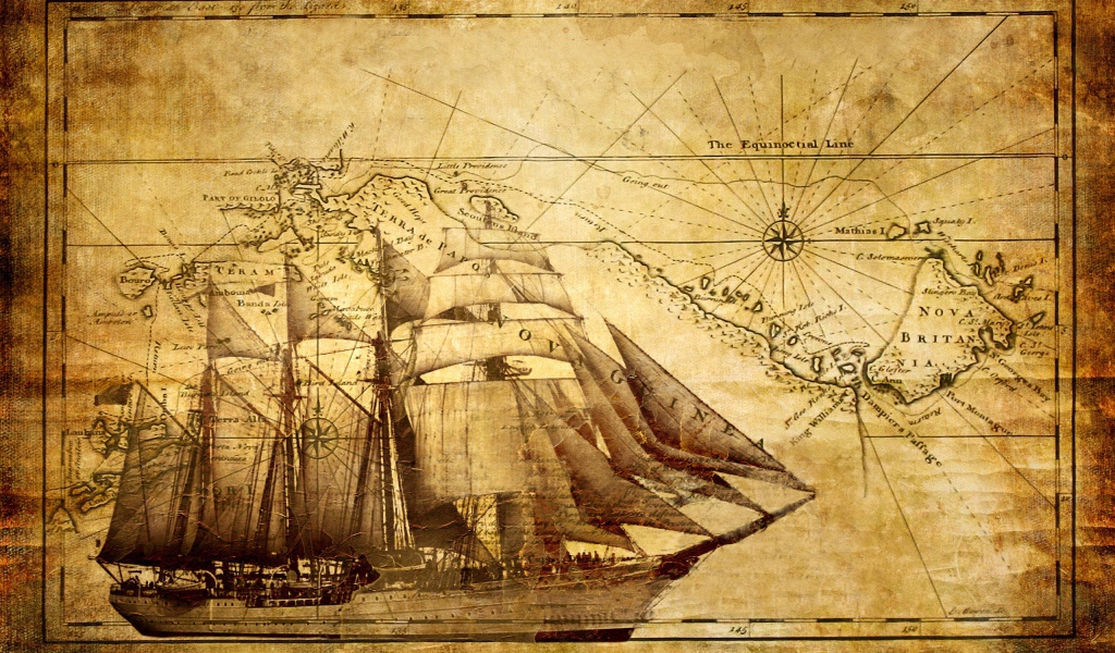 Старинный корабль и карта мореплавателя