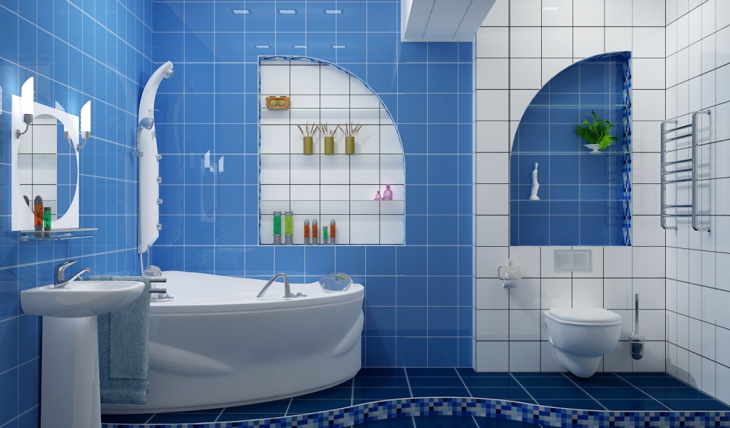 Blue and white tiles in the bathroom