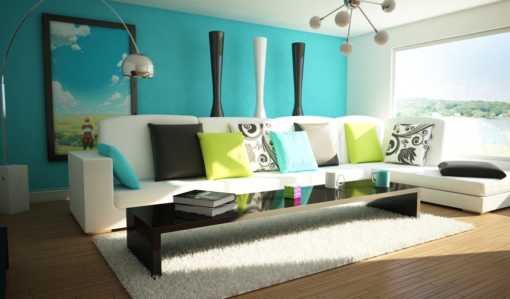 Голубая стена в гостиной