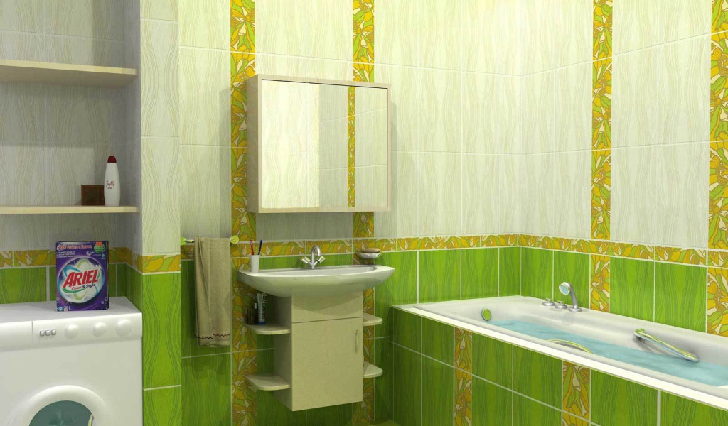 Зеленый и белый кафель в ванной
