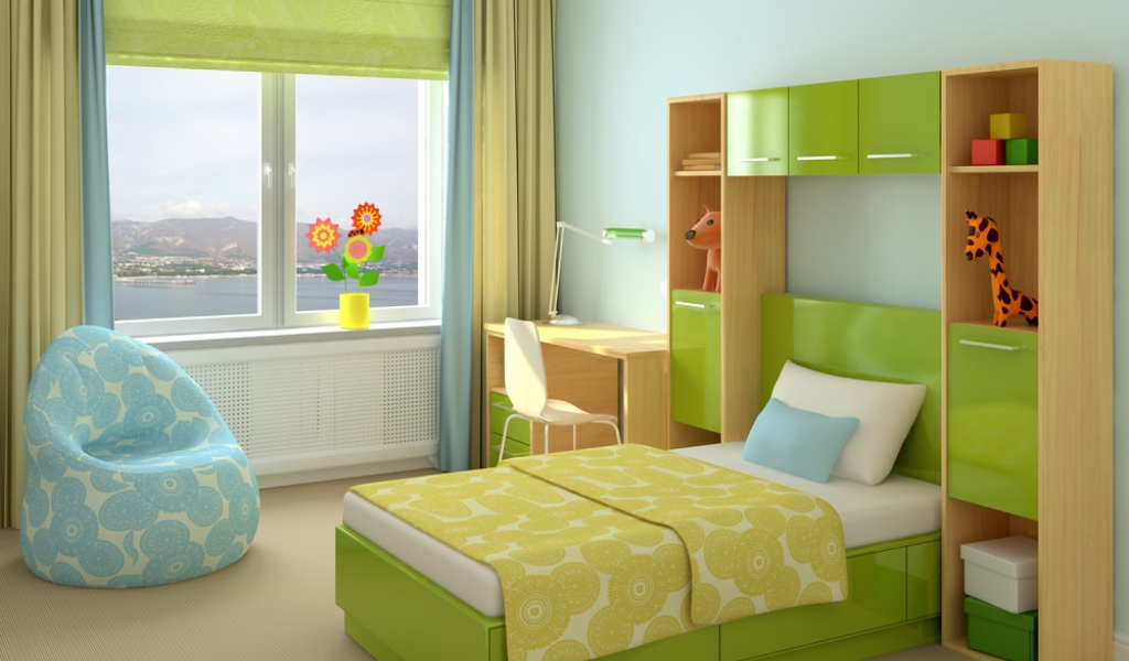 Зеленая кровать в детской комнате