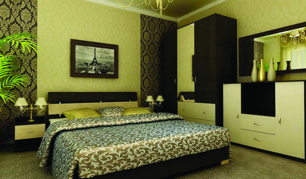 Зеленые обои в спальне