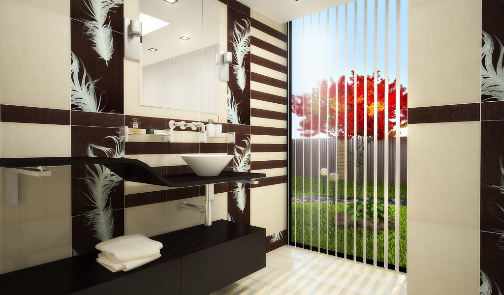 Красное дерево за окном ванной