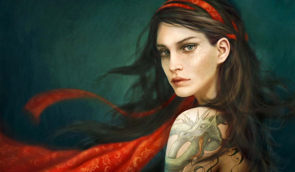 Грустная девушка с тату дракона на плече