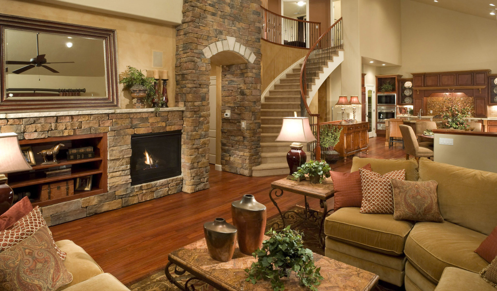 Каменные стены в гостиной