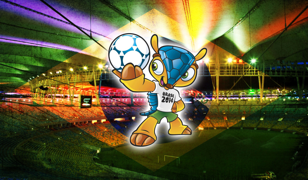 Талисман Чемпионата Мира по футболу в Бразилии 2014 на фоне стадиона