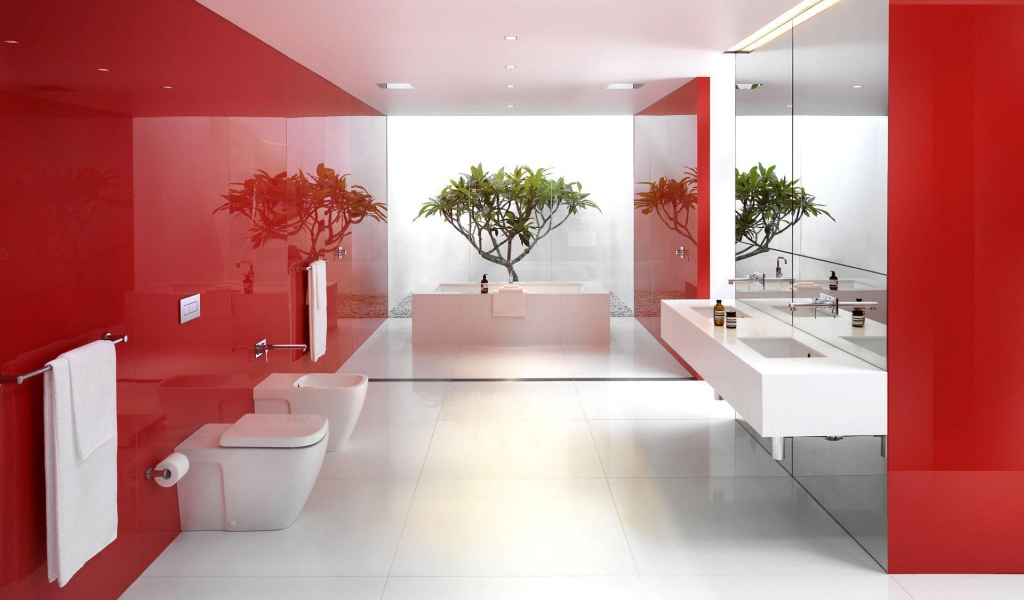 Красный цвет в оформлении ванной