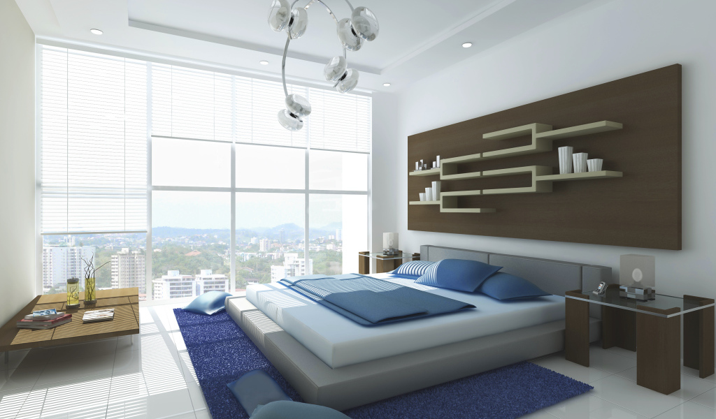 Полки на стене в спальне