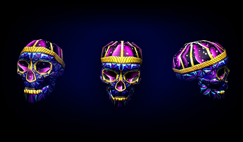 Яркие черепа на черном фоне, 3-Д графика