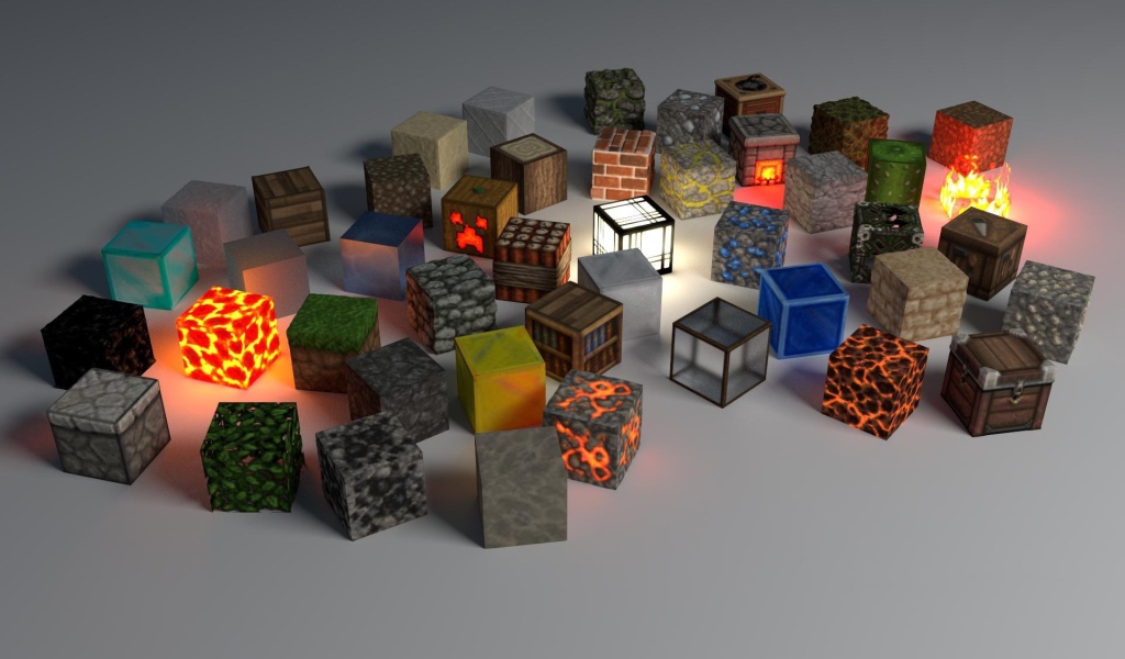 Кубы на серой поверхности в стиле Minecraft
