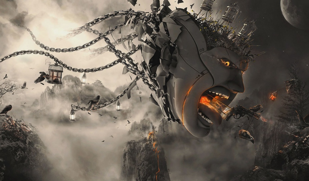 Летающая голова с цепями, 3-Д графика