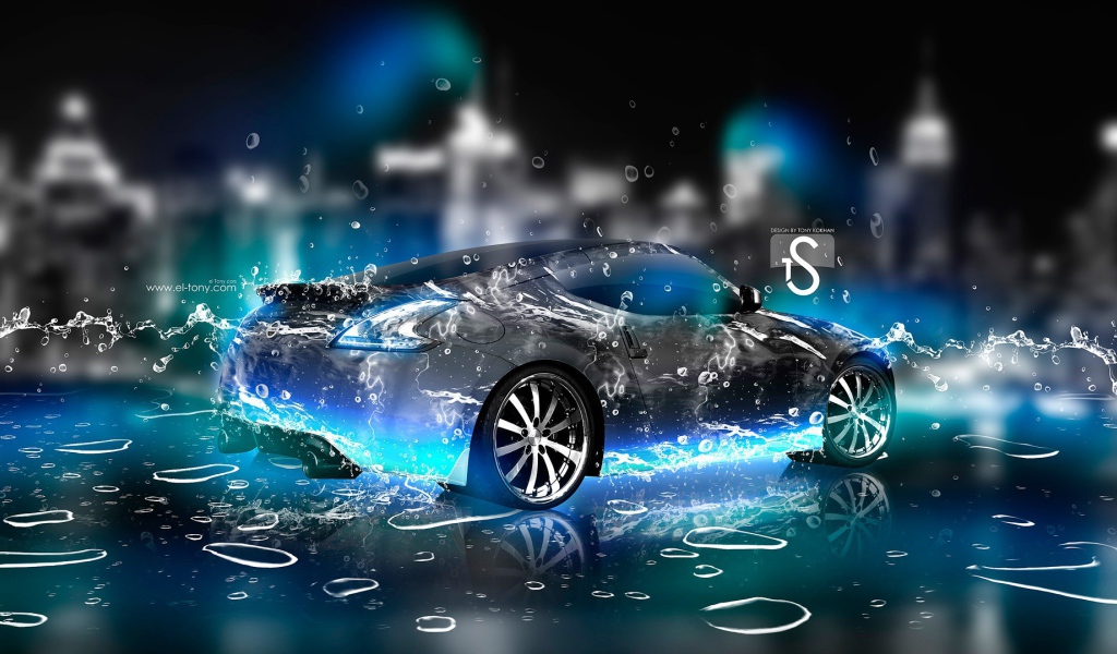 Ниссан в цифровых каплях воды