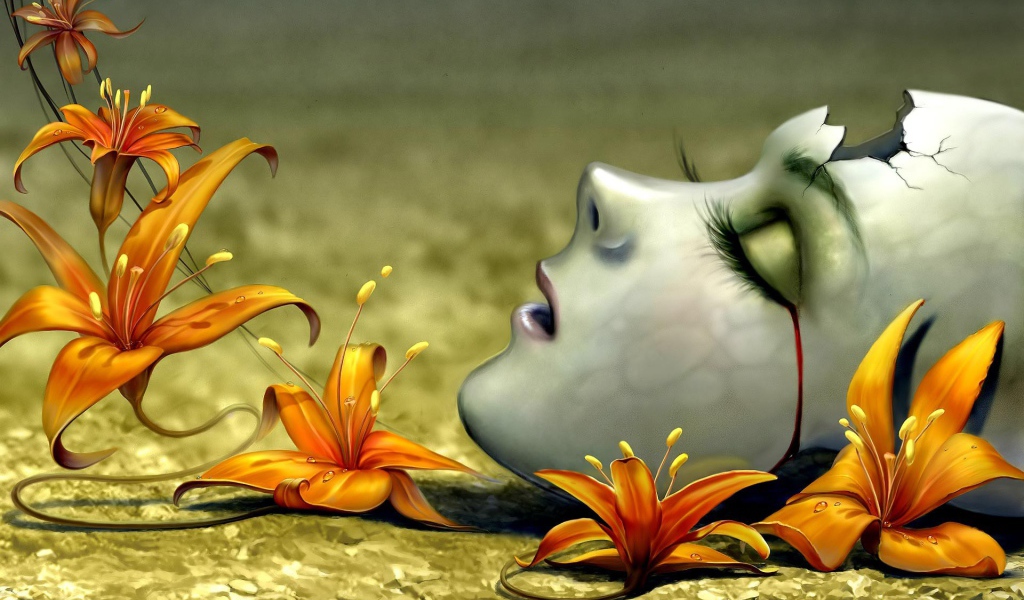 Лицо девушки среди цветов, 3Д графика