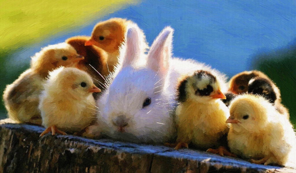 Кролик среди желтых цыплят