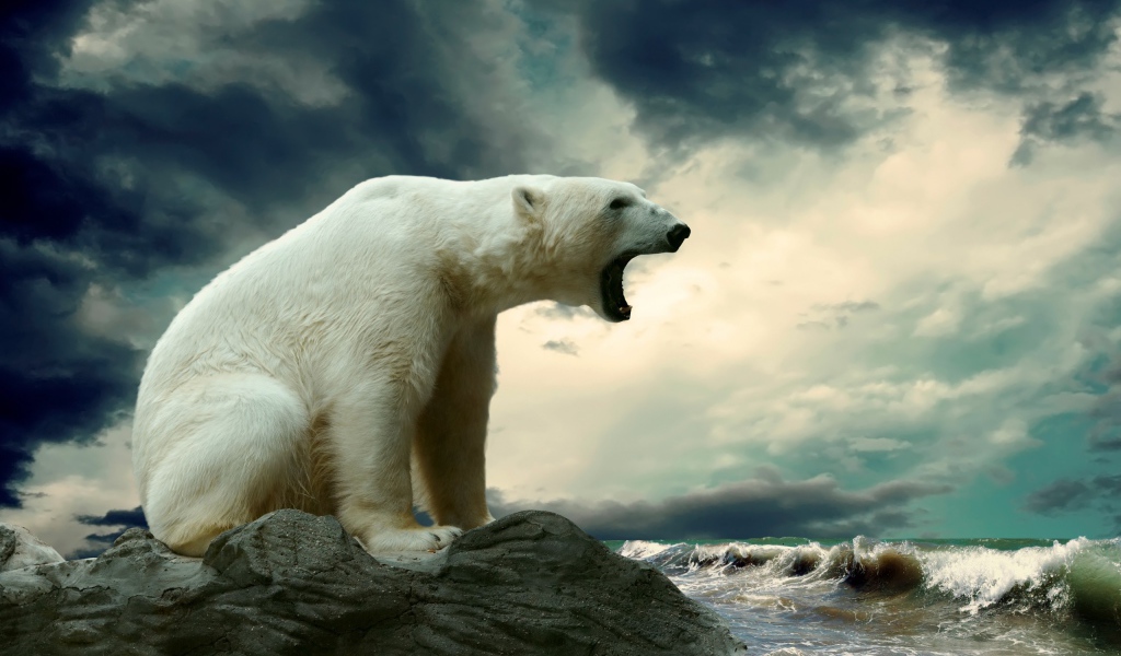 Белый медведь широко открыл пасть