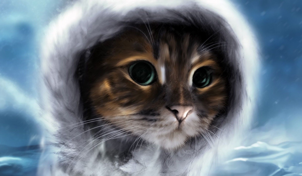 Кот в меховом капюшоне