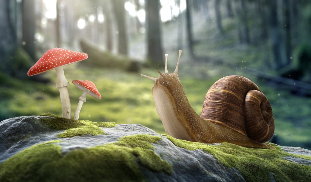 Улитка и пара мухоморов на покрытом мхом камне