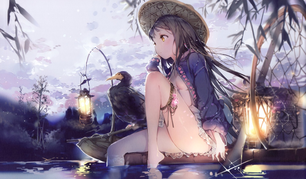 Девушка аниме и утка сидят на лодке
