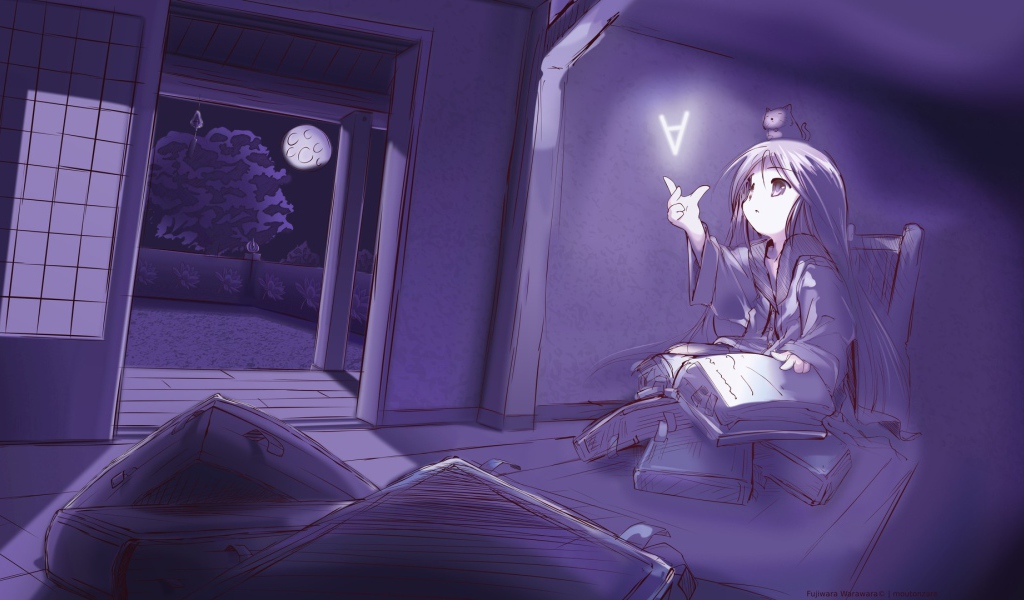 Девочка аниме ловит букву из книги